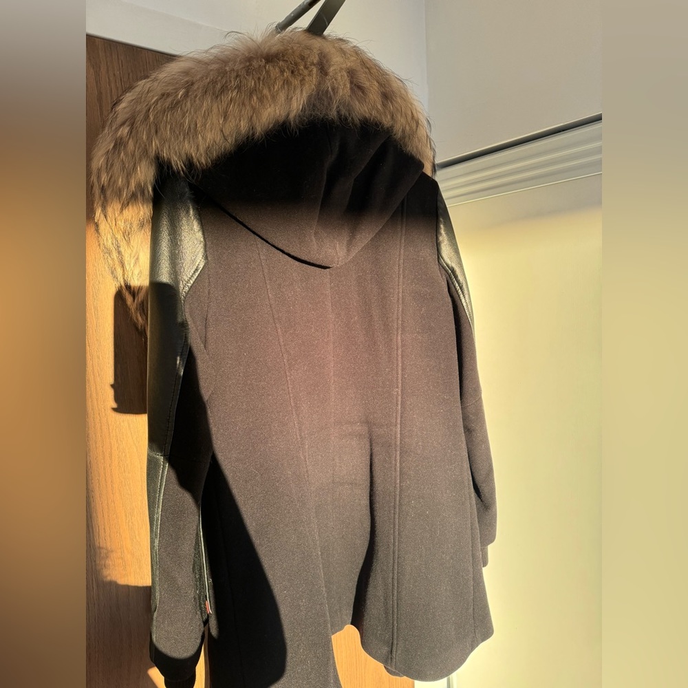 Size Large Black warm winter coat with fur hood double layer SICILY, brown fur L - Picture 10 of 16